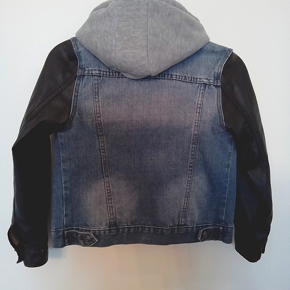 Boys Distressed Denim Jacket with Hood & Faux Leather Sleeves - Picture 8 of 14